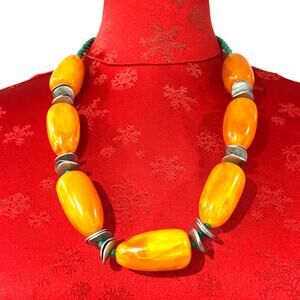 Chunky beaded necklace on silk cord artisan ethnic tribal orange silver green